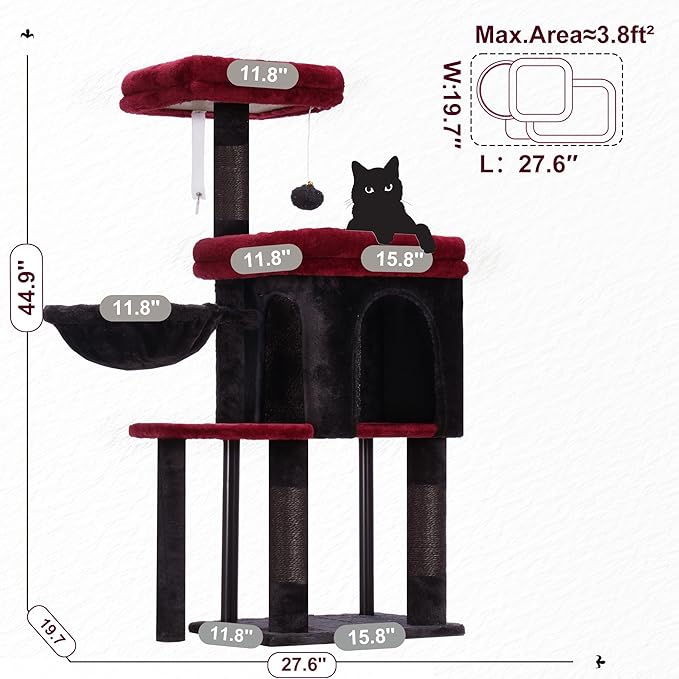 Hey-brother Cat Tree Tower, Scratching Posts with Cozy Condo, Padded Bed, Hammock, Plush Perch, Sisal Post and Ball for Indoor Kittens, 44.9 Inches, Black and Red MPJ009SBR
