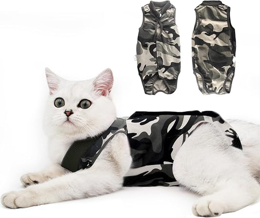 Cat Recovery Suit for Male and Female Surgical Post Surgery Soft Cone Onesie Shirt Clothes Neuter Licking Protective Diapers Outfit Cover Kitten Spay Collar(L, Camouflage)