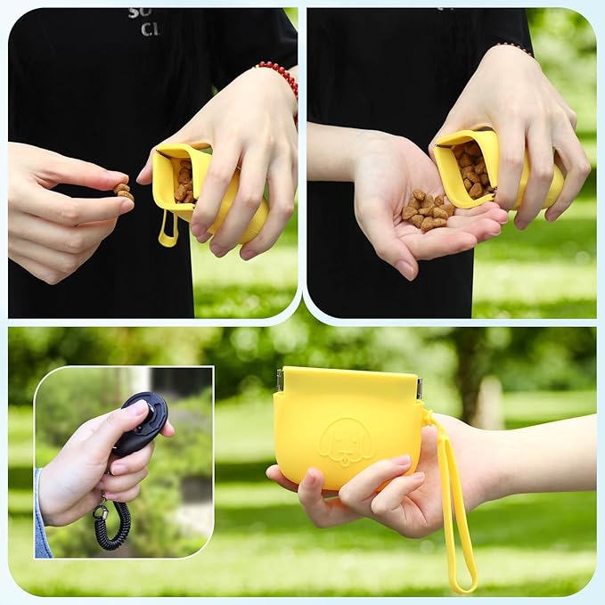 WALLFID Silicone Dog Treat Pouch Small Bag,Auto Closure,with Pet Training Clicker,Walking Bag for Dog and Cat,Pocket Size,Easy to Clean,Odorless (yellow)…