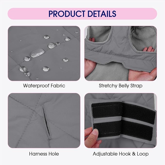 FUAMEY Thermal Dog Coat Medium, Warm Hooded Dogs Jacket Misty Walks, Waterproof Sleeveless Puppy Vest Snow Suit with Harness Hole, Adjustable Cold Weather Pup Outfits (Gray, M)
