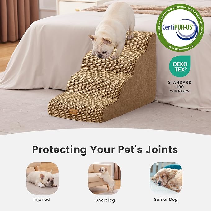 Gardner Pet Dog Stairs for Small Dogs 19.7" H, 4-Step Brown Curved Pet Stairs, Dog Steps for High Bed (18-24 in), Couch with Durable Non-Slip Waterproof Fabric Cover and CertiPUR-US Certified Foam