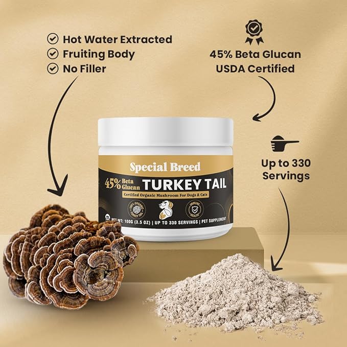 Organic Turkey Tail Mushroom for Dogs & Cats - Hot Water Extracted 45% Beta-Glucan USDA Mushroom Powder for Immune Support, Gut Health, Holistic Defense - No Fillers, Made in The USA - 330 Scoops
