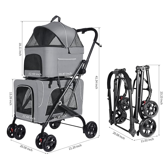 Petmolico Double Pet Stroller for 2 Cats/Dogs Strollers,2 Detachable Cat Carrier,No-Zip Double Pet Travel Storller for Small/Medium Dogs(Grey&Black)