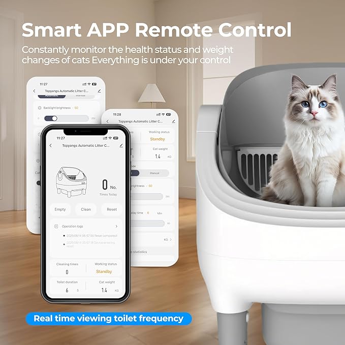 Automatic Litter Box, Open-Top Self Cleaning Litter Box for Kitten Cats, Electric Cat Box Self Cleaning with App Control, Smart Health Weight Monitor, Triple Safe Anti-Pinch