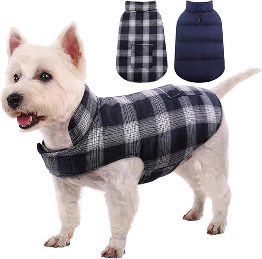 Kuoser Reversible Winter Coat, British Style Jacket for Small Dogs, Warm Windproof Puppy Cold Weather Clothes Vest, Blue XS