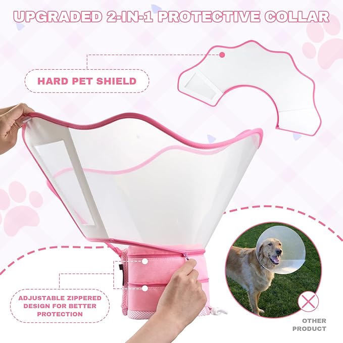 Soft Dog Cone Collar After Surgery,2-in-1 Adjustable Sponge Recovery Collar to Stop Licking Biting Wounds, Pet Elizabethan Dog Cone Alternative with Shield, M