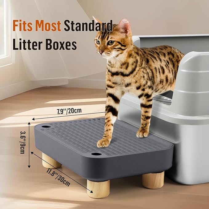 Cat Litter Box Step Ramp, Cat Litter Catcher Mat with Wooden Feet, Filter Function, Pedal Stool for Self-Cleaning Litter Box, Ideal for Kitten & Elderly Cats (Dark Grey)