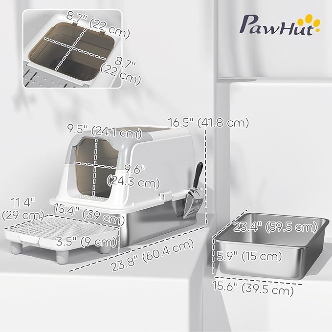 PawHut Stainless Steel Litter Box, Extra Large Enclosed Cat Litter Box with Front-Entry and Top-Exit, Scoop, Deodorizer Bag, Sand Drop Pedal, Anti-Urine Leakage, Non-Sticky and Easy to Clean