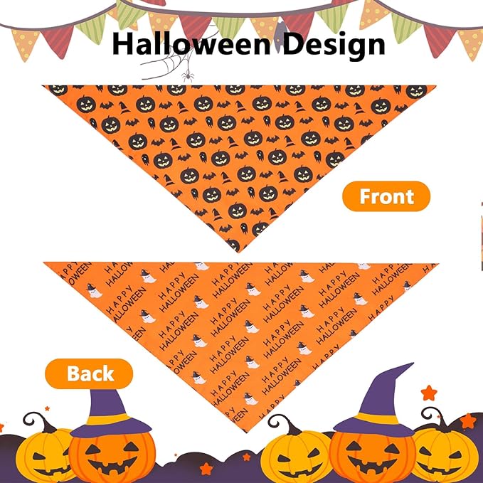 Halloween Dog Bandanas XLarge 2PCS, Reversible Triangle Dog Scarfs with Pumpkin, Spide, Bat, Ghost, Fall Puppy Bandanas Bib Handkerchief for Boy and Girl, Holiday Bandanas