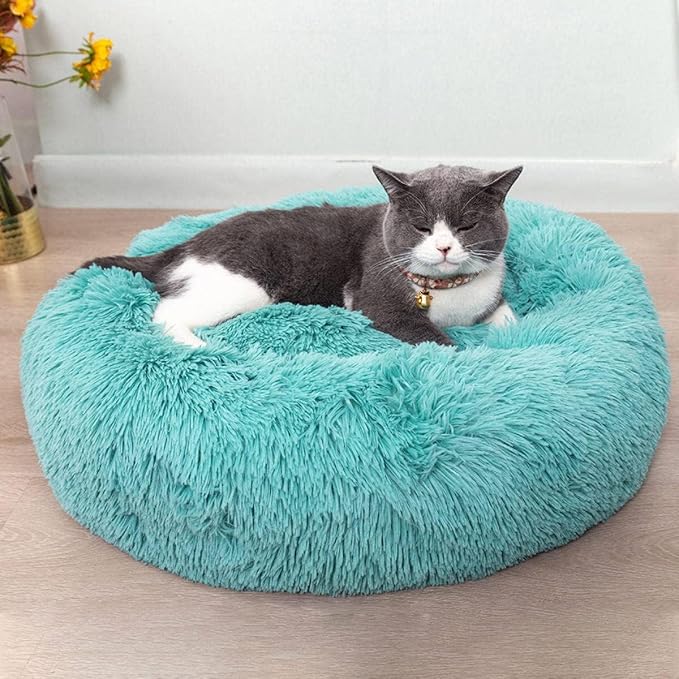 Cat Beds for Indoor Cats - Cat Bed Washable 20/24 inches, Dog Beds for Small Medium Dogs, Anti Anxiety Round Fluffy Plush Faux Fur Pet Bed, Thick Bottom (Blue, Medium)