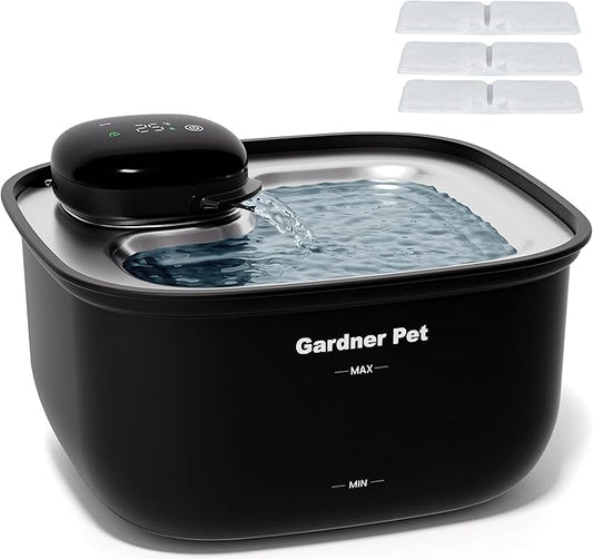 Gardner Pet Wireless Cat Water Fountain Stainless Steel Tray, 3.78L Cat Fountain Battery Operated, Cordless Pet Water Fountain for Cats & Dogs with Motion Sensor, Temperature Display - 1 Gallon