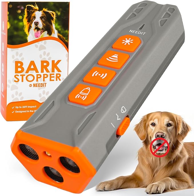 Dog Bark Deterrent Device to Stop Own or Neighbor’s Dog Barking, Biting & Fighting with Long Range – Rechargeable Ultrasonic Portable Anti Barking Device with 3X Sonic Emitters & Light (Gray)