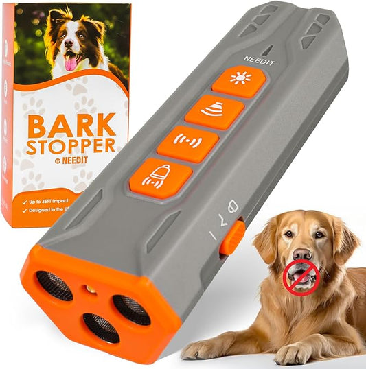 Dog Bark Deterrent Device to Stop Own or Neighbor’s Dog Barking, Biting & Fighting with Long Range – Rechargeable Ultrasonic Portable Anti Barking Device with 3X Sonic Emitters & Light (Gray)