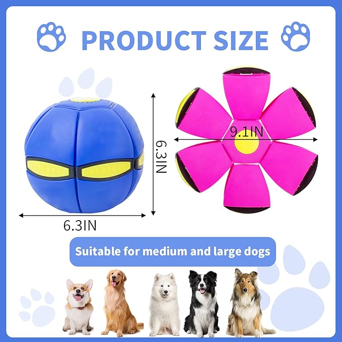 Flying Saucer Ball - 2 Pack Dog Disc Toy for Medium Large Dogs, Outdoor Interactive Pet Toy - Blue+Pink