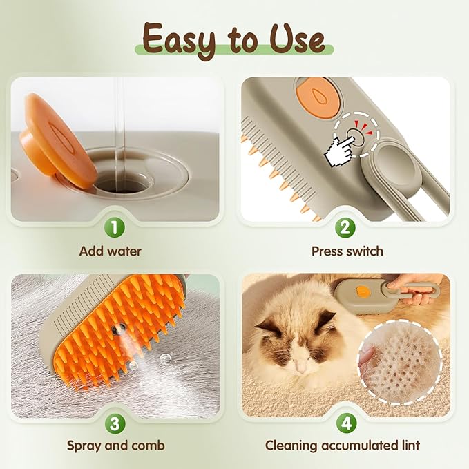 Upgrade Cat Steam Brush, 3 in 1 Pet Steam Groomer Brush, Rechargeable Pet Steam Groomer Comb for Massaging and Cleaning Shedding Pets Hair, Anti-Static Hair Removal Comb for Cats Dogs (Khaki)