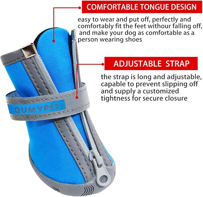 QUMY Dog Shoes for Small Dogs, Puppy Dog Boots & Paw Protectors for Winter Snow Day, Summer Hot Pavement, Waterproof in Rain Weather, Ourdoor Hiking, Indoor Hardfloor Skid-Resistant Sole Blue Size 3