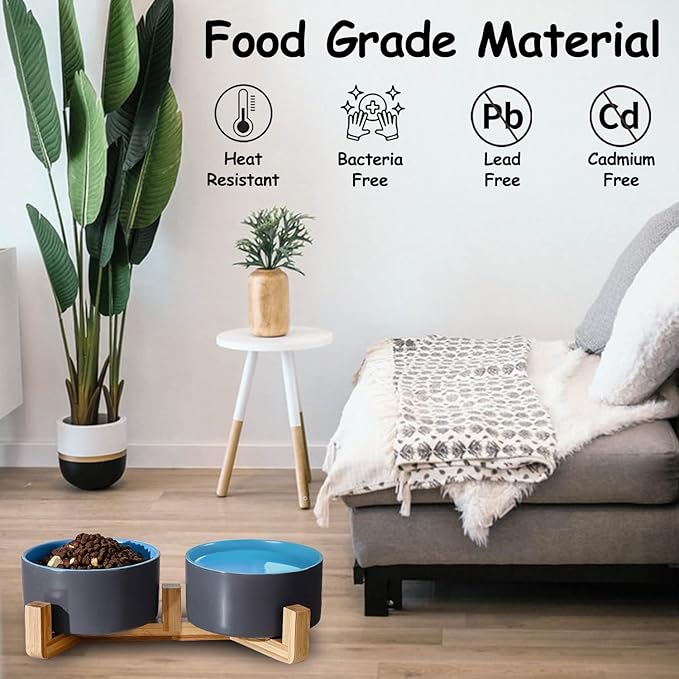 Petygooing Heavy 5.1 in Ceramic Cat Dog Bowls Set with Wood Stand for Food and Water, Non-Slip Cute Modern Pet Dish for Small Size Dogs and Cats (13.5OZ) Medium Sized Dogs (28OZ) Grey Blue