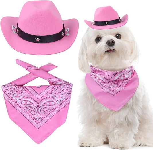 Yewong Pet Cowboy Costume Accessories Dog Cat Pet Size Cowboy Hat and Bandana Scarf West Cowboy Accessories for Puppy Kitten Party Festival and Daily Wearing Set of 2 (Pink)