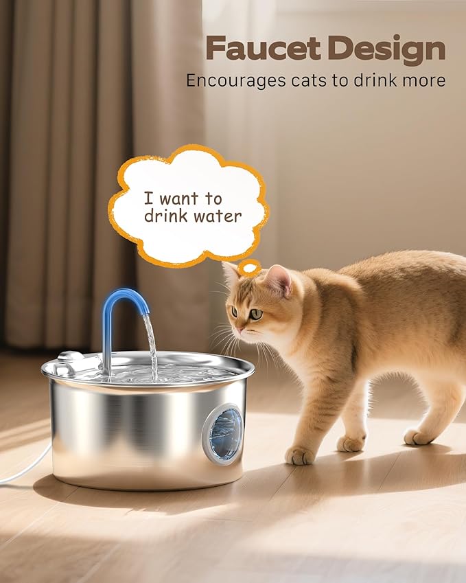 Stainless Steel Cat Water Fountain: Cat Fountain for Drinking - 88oz/2.6L Pet Water Fountain for Cats Inside- Silent Cats Water Bowl Dispenser - Kitty Drinking Fountains - 6 Filters + 3 Sponges