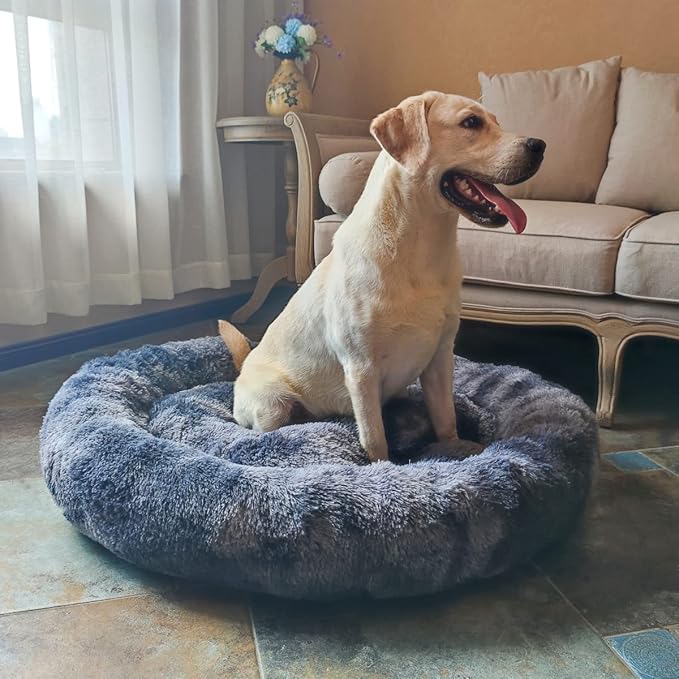 Coohom Oval Calming Donut Cuddler Dog Bed,Shag Faux Fur Cat Bed Washable Round Pillow Pet Bed(30"/36") for Small Medium Dogs (XXL(43"x34"x8"), Grey2021)