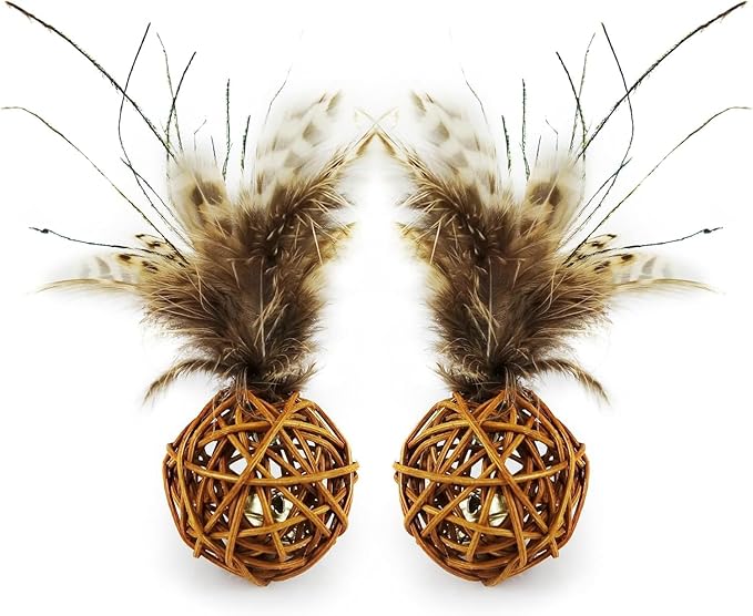 TTcat 2Pcs Feather Cat Ball Toy with Bell,Cat Toys for Indoor Cats,Interactive Chew Toys for Kitty Kitten.