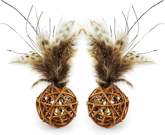 TTcat 2Pcs Feather Cat Ball Toy with Bell,Cat Toys for Indoor Cats,Interactive Chew Toys for Kitty Kitten.