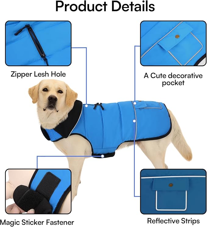 Dog Coat, Large Dog Jacket, Windproof Dogs Puffer Jacket, Fleece Lined Warm Dogs Winter Coat with Harness Hole (Blue XL)