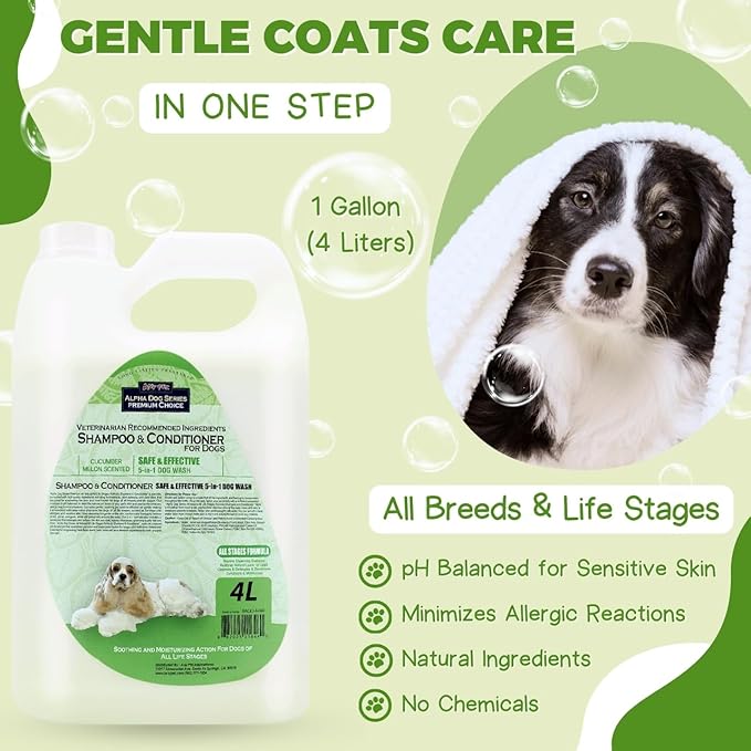 Alpha Dog Series All Stages Natural Dog Shampoo and Conditioner Set with Aloe Vera pH-balanced Dog Grooming Shampoo and Conditioner for Dogs, Tear-Free Moisturizing Dog Shampoo Sensitive Skin 1 Gallon