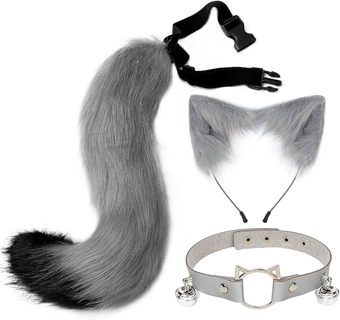 Cat Ears and Wolf Fox Animal Tail Cosplay Costume Faux Fur Hair Clip Headdress Halloween Leather Neck Chocker Set