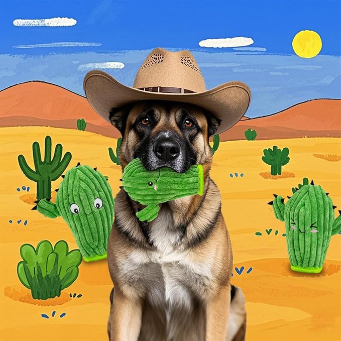 No Stuffing 3 Pack Squeaky Dog Toys- 2 in 1 Interactive Plush Dog Toy- Cactus Shaped Rip and Reveal Toy for Puppies-Indoor & Outdoor Play Training & Toss & Play