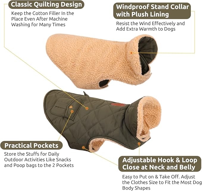 Queenmore Warm Dog Coat, Cold Weather Puffer Dog Jacket with Ultra Thick Plush Lining, Storage Pockets (Green, Large)