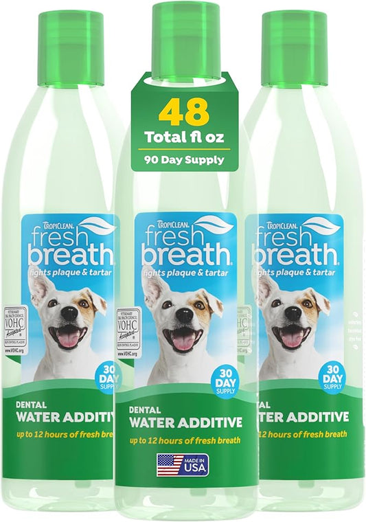 TropiClean Fresh Breath Water Additive for Dogs, Dog Breath Freshener & Teeth Cleaning Solution, No Toothpaste or Toothbrush Required, 16 oz, 3 Pack