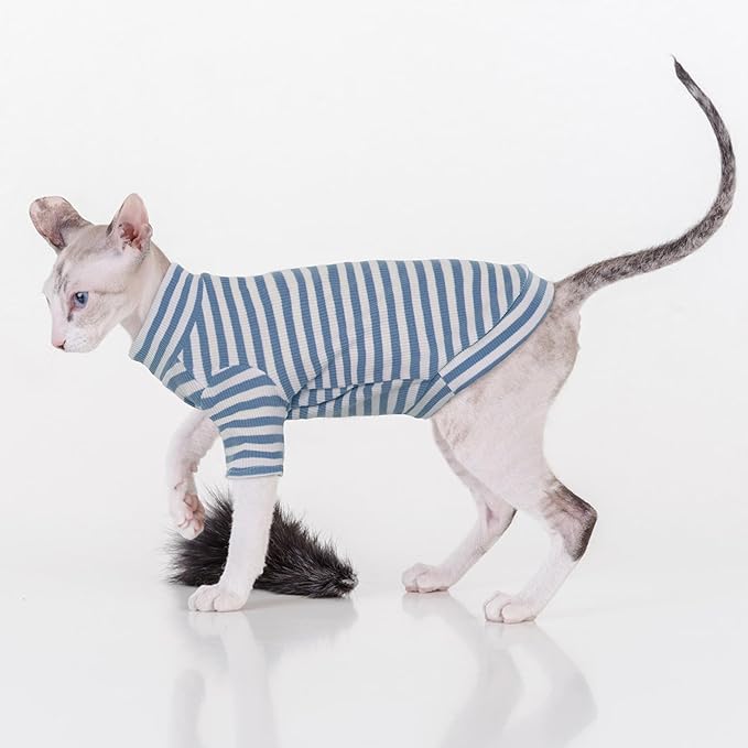 PUMYPOREITY Sphynx Cat Clothes - Soft Hairless Shirt With Sleeves, Stretchy Sweater, Pullover Pajamas Jumpsuit, Turtleneck Outfit for Sphynx Cornish Rex, Devon Rex - Blue, XL