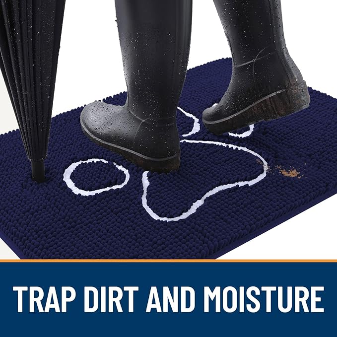 OLANLY Dog Door Mat for Muddy Paws 40x32, Paw Print Design, Absorbs Moisture and Dirt, Absorbent Non-Slip Washable Doormat, Quick Dry Chenille Mud Mat for Dogs, Entry Indoor Entryway Carpet, Navy Blue