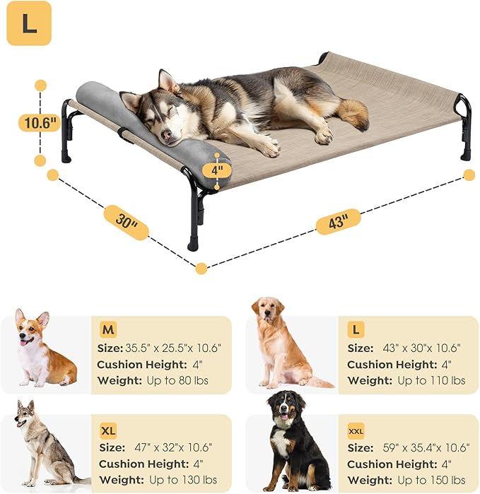 Veehoo Large Elevated Dog Bed, Outdoor Raised Dog Cot Hammock Bed with One-Sided Removable Headrest Bolster, Cooling Breathable Washable Teslin Mesh, Off Ground, Anti-Slip, L, CWC2204BCP