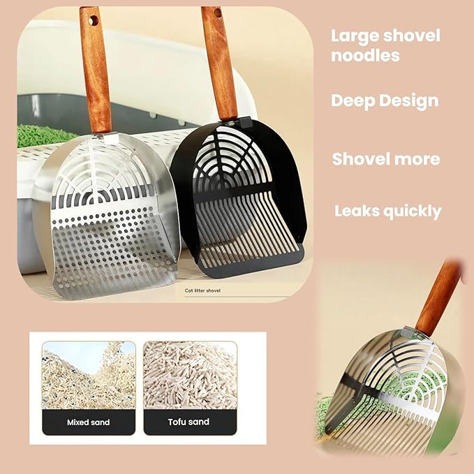 Heavy Duty Aluminum Alloy Cat Litter Scoop with Stand | Beech Wood Grip + Long Handle for Comfort | Deep Sifter for Fast, Efficient Poop/Litter Cleaning | Durable for Litter Box (Round Hole Row)