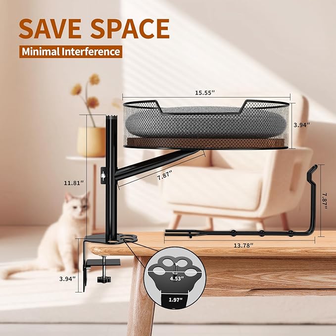 Cat Desk Bed,Rotating & Adjustable, Durable Metal Pet Bed, Supports Up to 45 lbs, Removable Blanket, Modern Indoor pet Furniture for Home Office and Game Tables