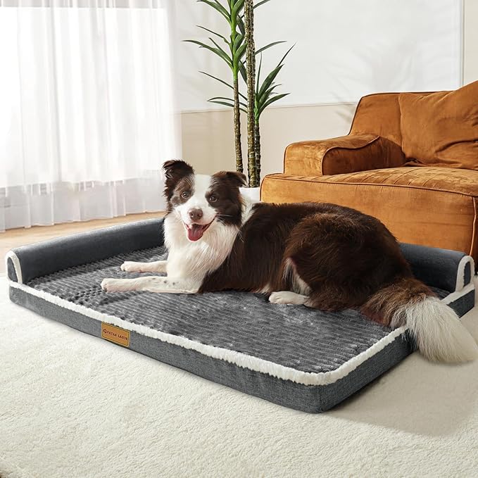 Patas Lague Orthopedic Jumbo Dog Bed Large Sized Dog 56''X40'', Waterproof Comfortable L Bolster Jumbo Non-Slip Soft Warm Pet Crate Bed Sleep Sofa mat with Removable Washable Cover, Grey