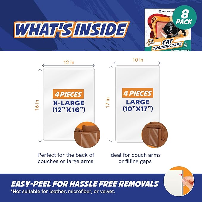 8 Pack Cat Scratch Furniture Protector Tape Sheets – Double-Sided Sticky Training (4 XL, 4 Large) – Anti-Scratch Couch & Sofa Guard – Clear – Not for Leather, Velvet, Microfiber