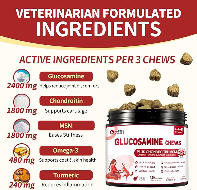 NATURE TARGET Glucosamine for Dogs, Joint Supplement with Chondroitin, MSM, Omega-3, Hemp for Pain Relief, Hip & Joint Chews for Dogs with Calcium for Bone Health, 120 Soft Chews