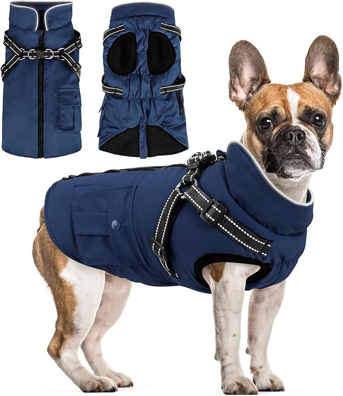 Dog Winter Coat with Harness Built-in | Waterproof Dog Jacket with Zipper & Fleece Lining | Reflective Cold Weather Coat for Small Medium Large Dogs
