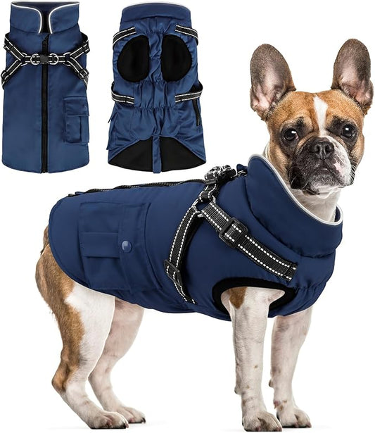 Dog Winter Coat with Harness Built-in | Waterproof Dog Jacket with Zipper & Fleece Lining | Reflective Cold Weather Coat for Small Medium Large Dogs