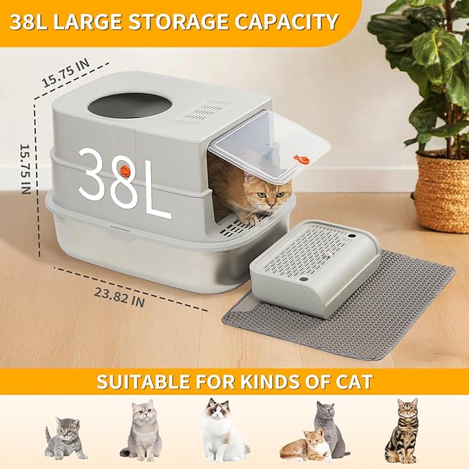 Stainless Steel Cat Litter Box with Lid, Extra Large Cat Litter Box for Large Cat, Metal Litter Pan with High Sided Enclosed and Scoop, Front & Top Entry, Anti-Leakage, Easy to Clean, Grey
