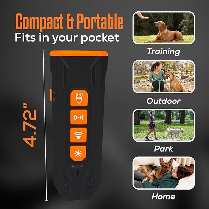 Dog Bark Deterrent Device to Stop Own or Neighbor’s Dog Barking, Biting & Fighting with Long Range – Rechargeable Ultrasonic Portable Anti Barking Device with 3X Sonic Emitters & Flash (Black)