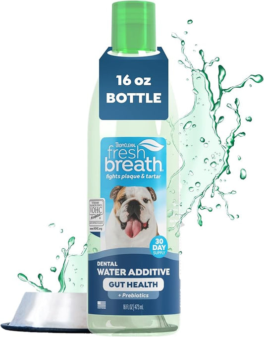 TropiClean Fresh Breath Water Additive for Dogs with Prebiotics, Gut Health for Dogs, Breath Freshener and Teeth Cleaning Solution, 16oz.