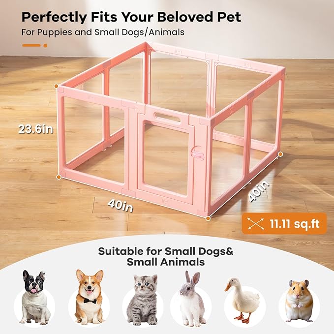 Clear Acrylic Dog Playpen Indoor, Puppy Cat Small Pet Play Pen, Pet Cat Foldable Playpen for Rabbits, Dog Fence Crate Kennel Whelping Cage (Pink, 8 Panel)