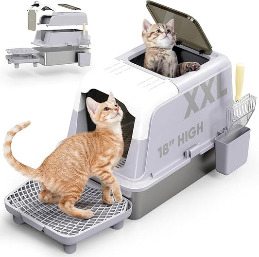 Stainless Steel Litter Box with Lid,XXL Extra Large Enclosed Metal Litter Box for Big Cat, Removable Front Entry Top Exit Kitty, with High Sided Enclosure & Scoop, Footboard(Grey)