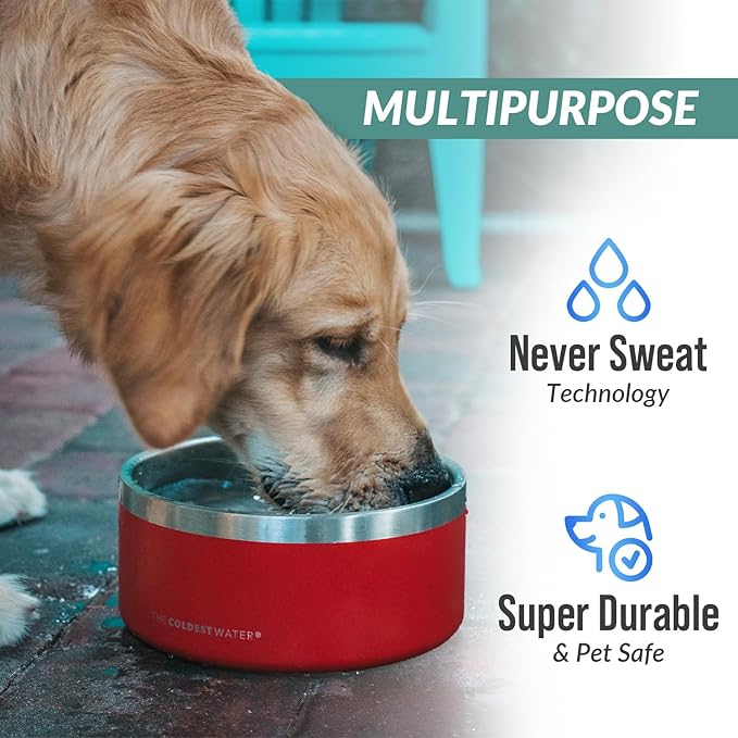 Coldest Dog Bowl - Anti Rust Metal, Non Slip, 3 Layers Insulated Stainless Steel Dog Bowls - Spill Proof & Heavy Duty - Water Bowl for Dogs, Cats & Pets, Dish Washer Safe (64 oz,Candy Red Glitter)