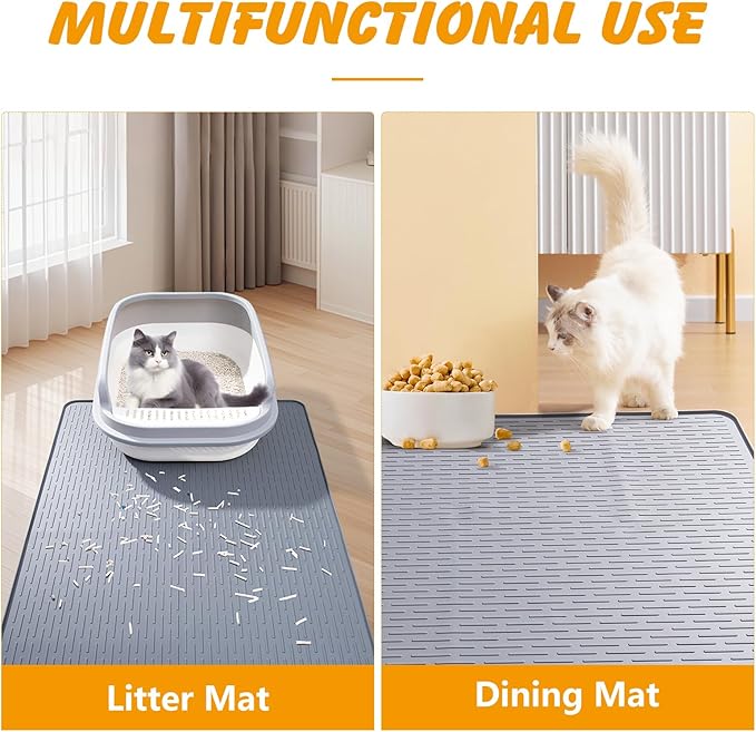 Silicone Cat Litter Mat, 34x22 in Waterproof Litter Box Mat Cats Feeding Mats with Raised Edges, Quick Clean Desig (Grey)