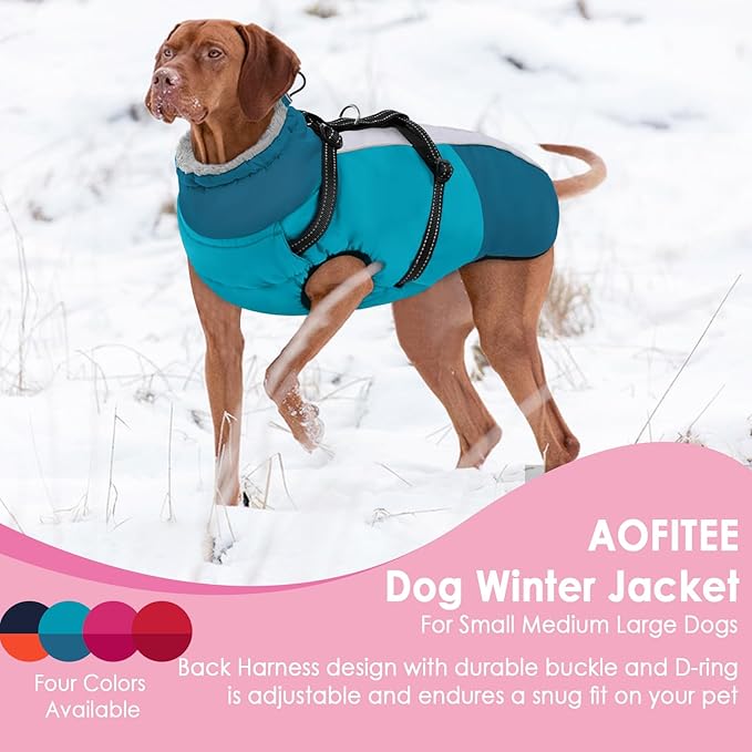 AOFITEE Large Dog Coat, Waterproof Dog Jackets with Harness, Warm Fleece Lined Pet Coat for Large Dogs Snowsuit, Zip Up Jackets for Dogs for Cold Weather for Golden Retriever, Weimaraner, PineGreen2XL